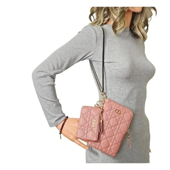 Christian Dior Cannage Caro Multifunctional Pouch Pink Leather Quilted Bag Small - Picture 2 of 12